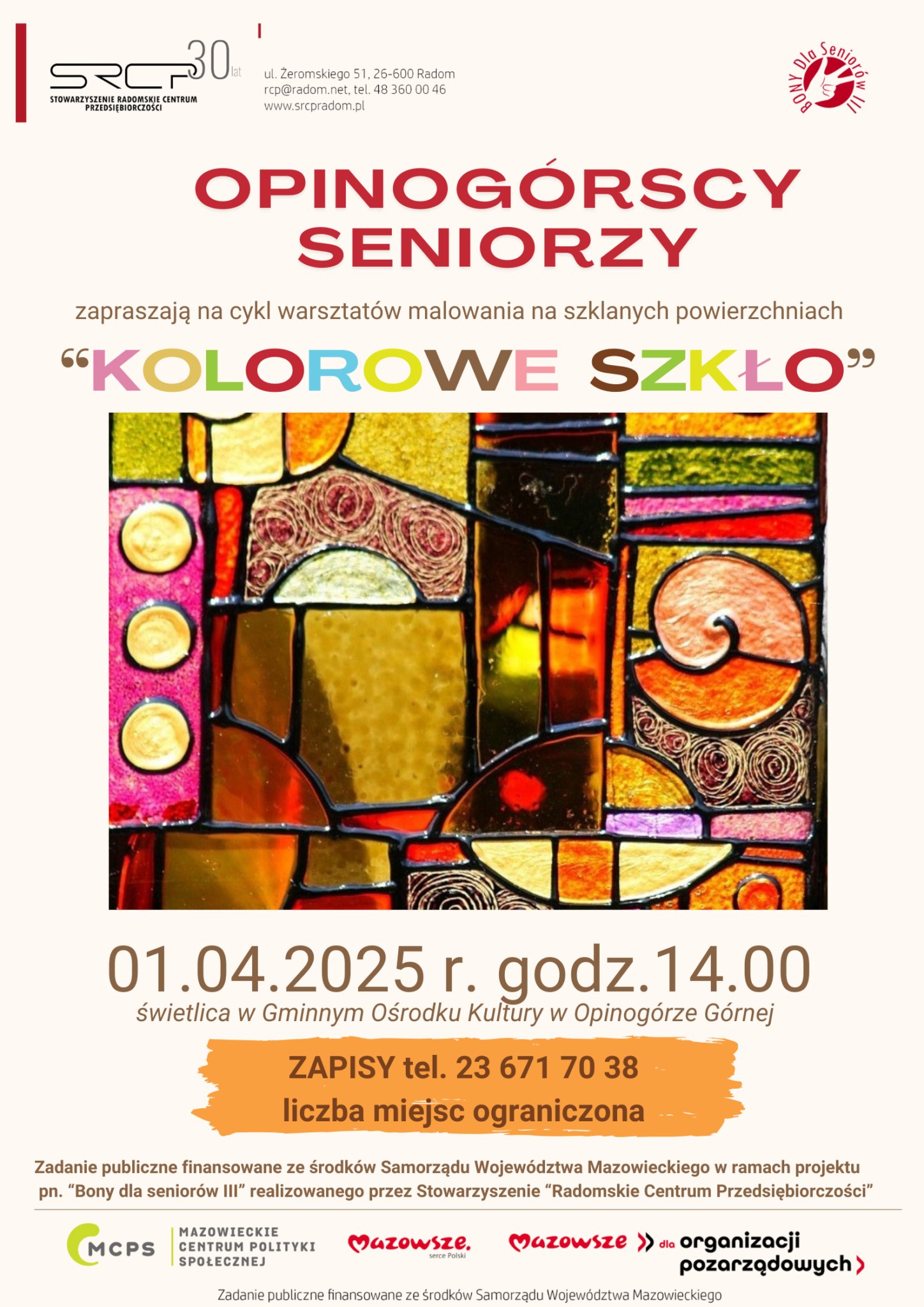 Plakat Warsztaty "Kolorowe szkło", 1.04.2025 godz 14:00, świetlica w GOK w Opinogórze Górnej, zapisy tel: +48236717038