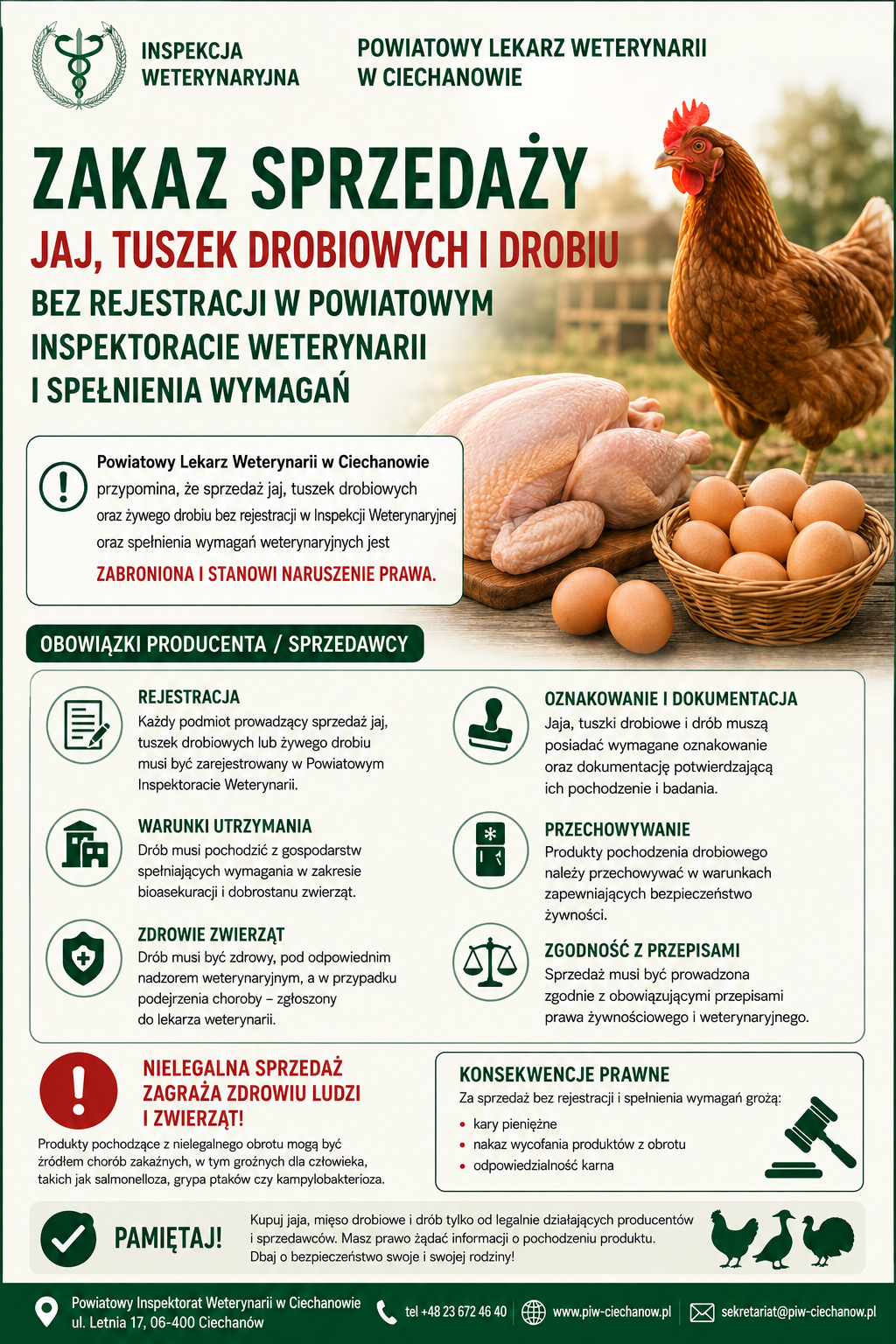 Plakat Powiatowego Lekarza Weterynarii w&nbsp;Ciechanowie dotyczący zakazu sprzedaży jaj, tuszek drobiowych i&nbsp;drobiu bez rejestracji w&nbsp;Powiatowym Inspektoracie Weterynarii oraz&nbsp;bez spełnienia wymagań weterynaryjnych. W g&oacute;rnej części znajduje się logo Inspekcji Weterynaryjnej oraz&nbsp;nagł&oacute;wek &bdquo;Zakaz sprzedaży jaj, tuszek drobiowych i&nbsp;drobiu&rdquo;. Obok widoczne są zdjęcia kury, tuszki kurczaka, jaj oraz&nbsp;koszyka z&nbsp;jajami.  Plakat przypomina o&nbsp;obowiązkach producenta i&nbsp;sprzedawcy: rejestracji działalności, odpowiednim oznakowaniu i&nbsp;dokumentacji produkt&oacute;w, właściwych warunkach utrzymania drobiu, przechowywaniu produkt&oacute;w, zapewnieniu zdrowia zwierząt oraz&nbsp;zgodności sprzedaży z&nbsp;przepisami. Informuje, że&nbsp;nielegalna sprzedaż może zagrażać zdrowiu ludzi i&nbsp;zwierząt oraz&nbsp;wiązać się z&nbsp;karami pieniężnymi, wycofaniem produkt&oacute;w z&nbsp;obrotu i&nbsp;odpowiedzialnością karną.  Na dole znajduje się apel &bdquo;Pamiętaj!&rdquo; o&nbsp;kupowaniu jaj, mięsa drobiowego i&nbsp;drobiu wyłącznie od legalnie działających producent&oacute;w i&nbsp;sprzedawc&oacute;w. Podano dane kontaktowe Powiatowego Inspektoratu Weterynarii w&nbsp;Ciechanowie: ul. Letnia 17, 06-400 Ciechan&oacute;w, telefon 48 23 672 46 40, strona internetowa piw-ciechanow.pl oraz&nbsp;adres e-mail sekretariat@piw-ciechanow.pl.
