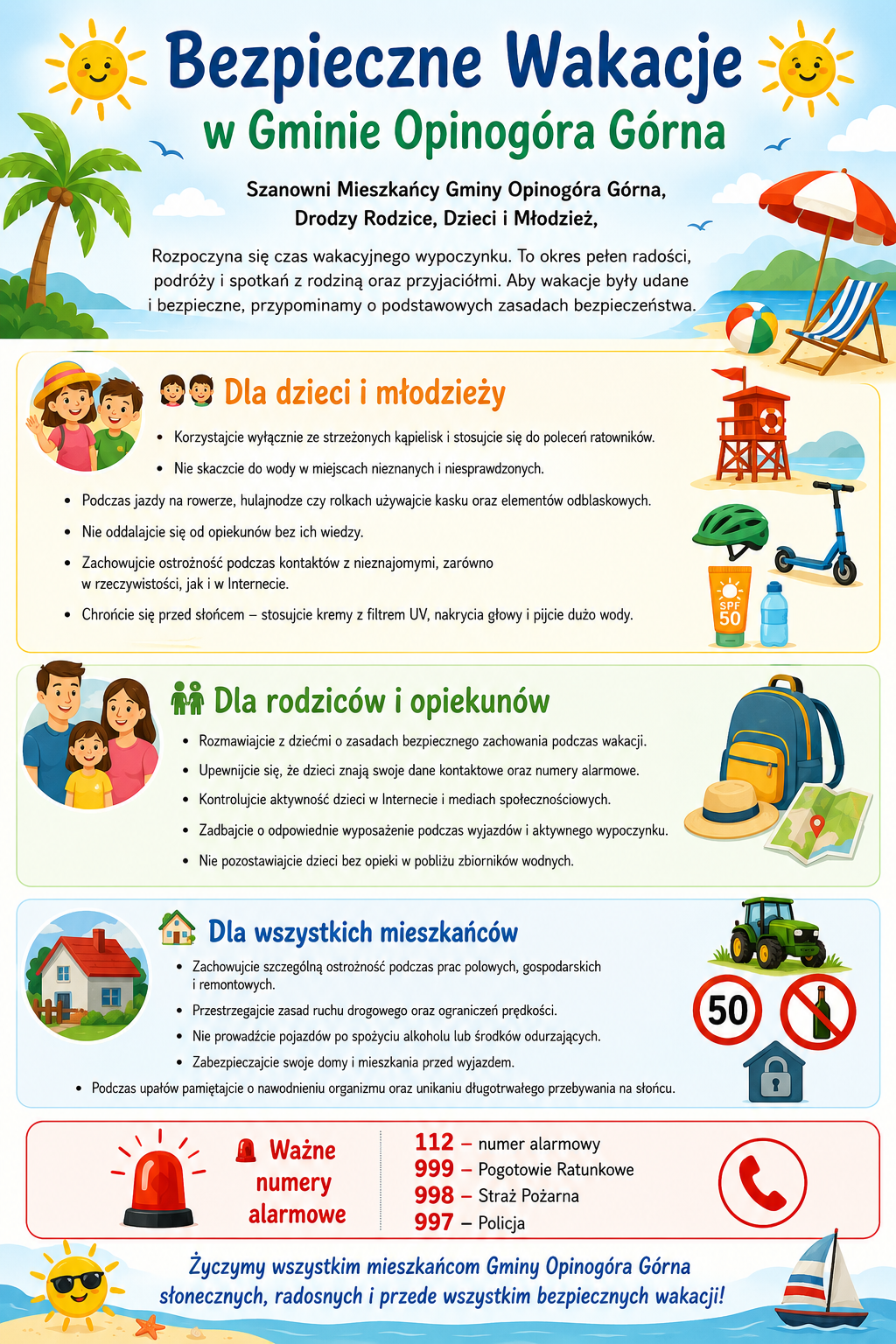 ☀️ Bezpieczne Wakacje w&nbsp;Gminie Opinog&oacute;ra G&oacute;rna ☀️ Szanowni Mieszkańcy Gminy Opinog&oacute;ra G&oacute;rna, Drodzy Rodzice, Dzieci i&nbsp;Młodzież, Rozpoczyna się czas wakacyjnego wypoczynku. To okres pełen radości, podr&oacute;ży i&nbsp;spotkań  z&nbsp;rodziną oraz&nbsp;przyjaci&oacute;łmi. Aby wakacje były udane i&nbsp;bezpieczne, przypominamy  o&nbsp;podstawowych zasadach bezpieczeństwa. ???????? Dla dzieci i&nbsp;młodzieży     &bull; Korzystajcie wyłącznie ze strzeżonych kąpielisk i&nbsp;stosujcie się do poleceń ratownik&oacute;w.      &bull; Nie skaczcie do wody w&nbsp;miejscach nieznanych i&nbsp;niesprawdzonych.      &bull; Podczas jazdy na&nbsp;rowerze, hulajnodze czy&nbsp;rolkach używajcie kasku oraz&nbsp;element&oacute;w odblaskowych.      &bull; Nie oddalajcie się od opiekun&oacute;w bez ich wiedzy.      &bull; Zachowujcie ostrożność podczas kontakt&oacute;w z&nbsp;nieznajomymi, zar&oacute;wno  w&nbsp;rzeczywistości, jak i&nbsp;w Internecie.      &bull; Chrońcie się przed słońcem &ndash; stosujcie kremy z&nbsp;filtrem UV, nakrycia głowy i&nbsp;pijcie dużo wody.  ????&zwj;????&zwj;????&zwj;???? Dla rodzic&oacute;w i&nbsp;opiekun&oacute;w     &bull; Rozmawiajcie z&nbsp;dziećmi o&nbsp;zasadach bezpiecznego zachowania podczas wakacji.      &bull; Upewnijcie się, że&nbsp;dzieci znają swoje dane kontaktowe oraz&nbsp;numery alarmowe.      &bull; Kontrolujcie aktywność dzieci w&nbsp;Internecie i&nbsp;mediach społecznościowych.      &bull; Zadbajcie o&nbsp;odpowiednie wyposażenie podczas wyjazd&oacute;w i&nbsp;aktywnego wypoczynku.      &bull; Nie pozostawiajcie dzieci bez opieki w&nbsp;pobliżu zbiornik&oacute;w wodnych.  ???? Dla wszystkich mieszkańc&oacute;w     &bull; Zachowujcie szczeg&oacute;lną ostrożność podczas prac polowych, gospodarskich  i&nbsp;remontowych.      &bull; Przestrzegajcie zasad ruchu drogowego oraz&nbsp;ograniczeń prędkości.      &bull; Nie prowadźcie pojazd&oacute;w po spożyciu alkoholu lub&nbsp;środk&oacute;w odurzających.      &bull; Zabezpieczajcie swoje domy i&nbsp;mieszkania przed wyjazdem.      &bull; Podczas upał&oacute;w pamiętajcie o&nbsp;nawodnieniu organizmu oraz&nbsp;unikaniu długotrwałego przebywania na&nbsp;słońcu.  ???? Ważne numery alarmowe 112 &ndash; numer alarmowy 999 &ndash; Pogotowie Ratunkowe 998 &ndash; Straż Pożarna 997 &ndash; Policja Życzymy wszystkim mieszkańcom Gminy Opinog&oacute;ra G&oacute;rna słonecznych, radosnych i&nbsp;przede wszystkim bezpiecznych wakacji!