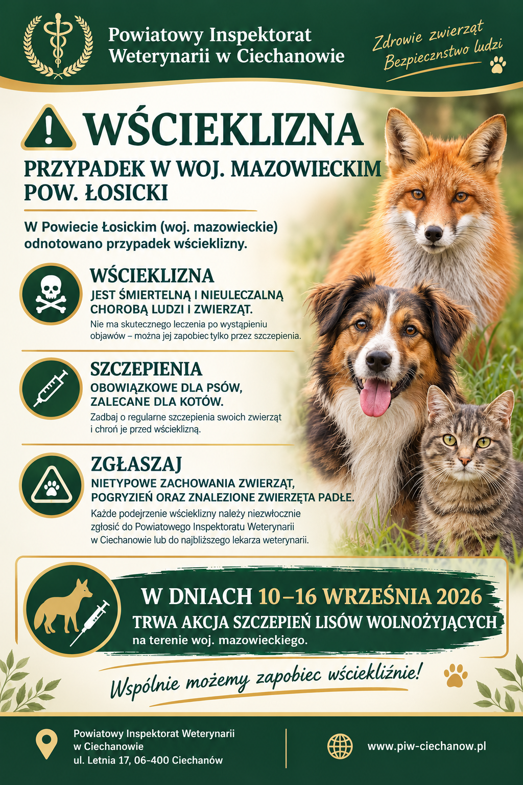 **Tekst alternatywny:**  Plakat Powiatowego Inspektoratu Weterynarii w&nbsp;Ciechanowie ostrzegający przed wścieklizną. Na zielono-kremowym tle znajduje się nagł&oacute;wek &bdquo;WŚCIEKLIZNA &ndash; PRZYPADEK W WOJ. MAZOWIECKIM, POW. ŁOSICKI&rdquo;. Plakat informuje, że&nbsp;w powiecie łosickim odnotowano przypadek wścieklizny. Przypomina, że&nbsp;wścieklizna jest śmiertelną i&nbsp;nieuleczalną chorobą ludzi i&nbsp;zwierząt oraz&nbsp;że można jej zapobiegać poprzez szczepienia.  Wskazano, że&nbsp;szczepienia są obowiązkowe dla ps&oacute;w i&nbsp;zalecane dla kot&oacute;w. Zachęcono do zgłaszania nietypowego zachowania zwierząt, pogryzień oraz&nbsp;znalezionych martwych zwierząt do Powiatowego Inspektoratu Weterynarii w&nbsp;Ciechanowie lub&nbsp;najbliższego lekarza weterynarii.  Plakat informuje r&oacute;wnież, że&nbsp;w dniach **10&ndash;16 września 2026 r.** trwa akcja szczepień lis&oacute;w wolnożyjących na&nbsp;terenie wojew&oacute;dztwa mazowieckiego. Hasło końcowe: &bdquo;Wsp&oacute;lnie możemy zapobiec wściekliźnie!&rdquo;.  Po prawej stronie przedstawiono lisa, psa i&nbsp;kota. Na dole podano dane Powiatowego Inspektoratu Weterynarii w&nbsp;Ciechanowie: ul. Letnia 17, 06-400 Ciechan&oacute;w oraz&nbsp;adres strony internetowej **[www.piw-ciechanow.pl](http://www.piw-ciechanow.pl)**.