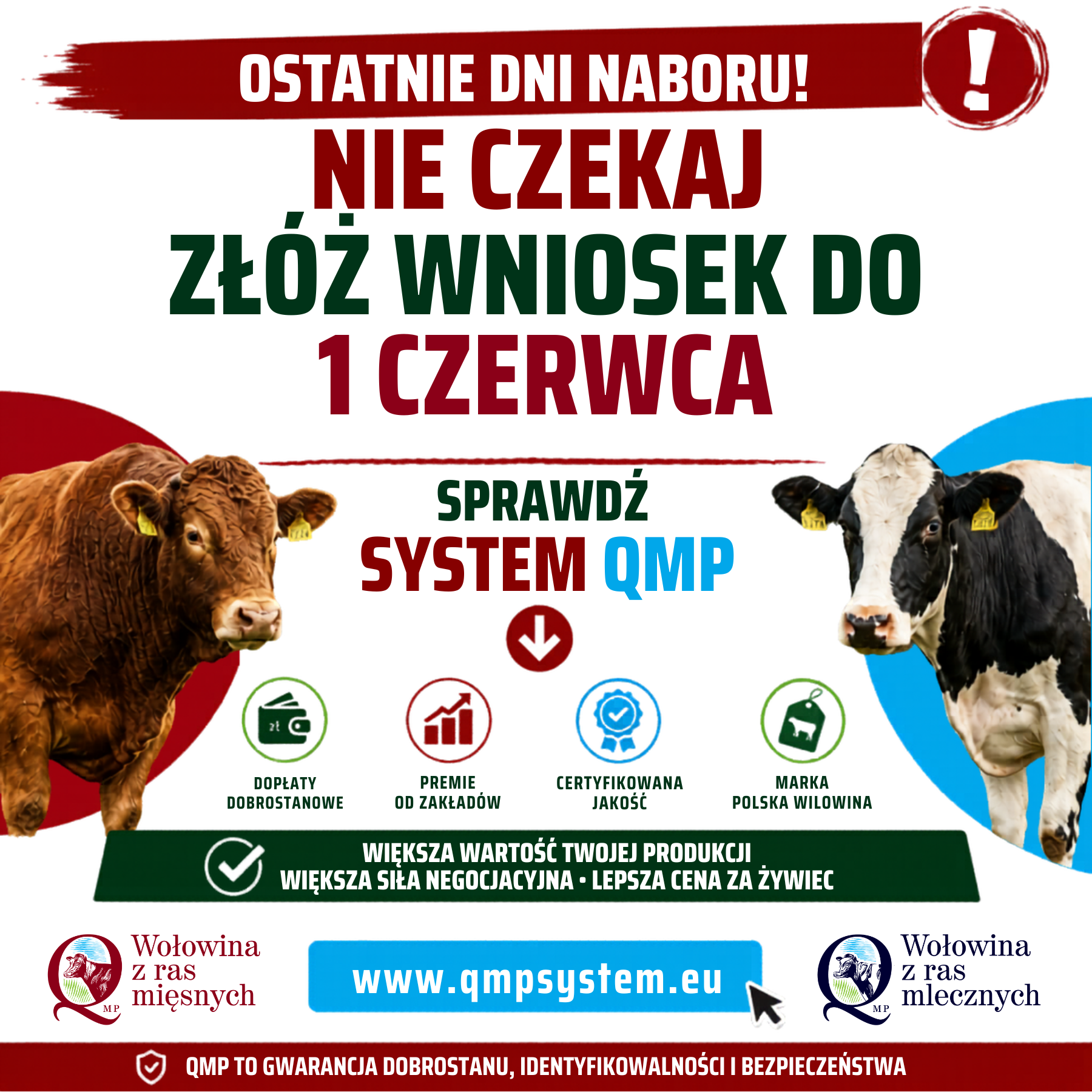 Ostatnie dnie na&nbsp;złożenie wniosku! Zyskaj na&nbsp;dopłatach Postaw na&nbsp;jakość. Sprawdź system QMP. Dopłaty dobrostanowe. Premie odo zakład&oacute;w. Certyfikowana jakość. Większa wartość twojej produkcji większa siła negocjacji -lepsza cena na&nbsp;żywiec