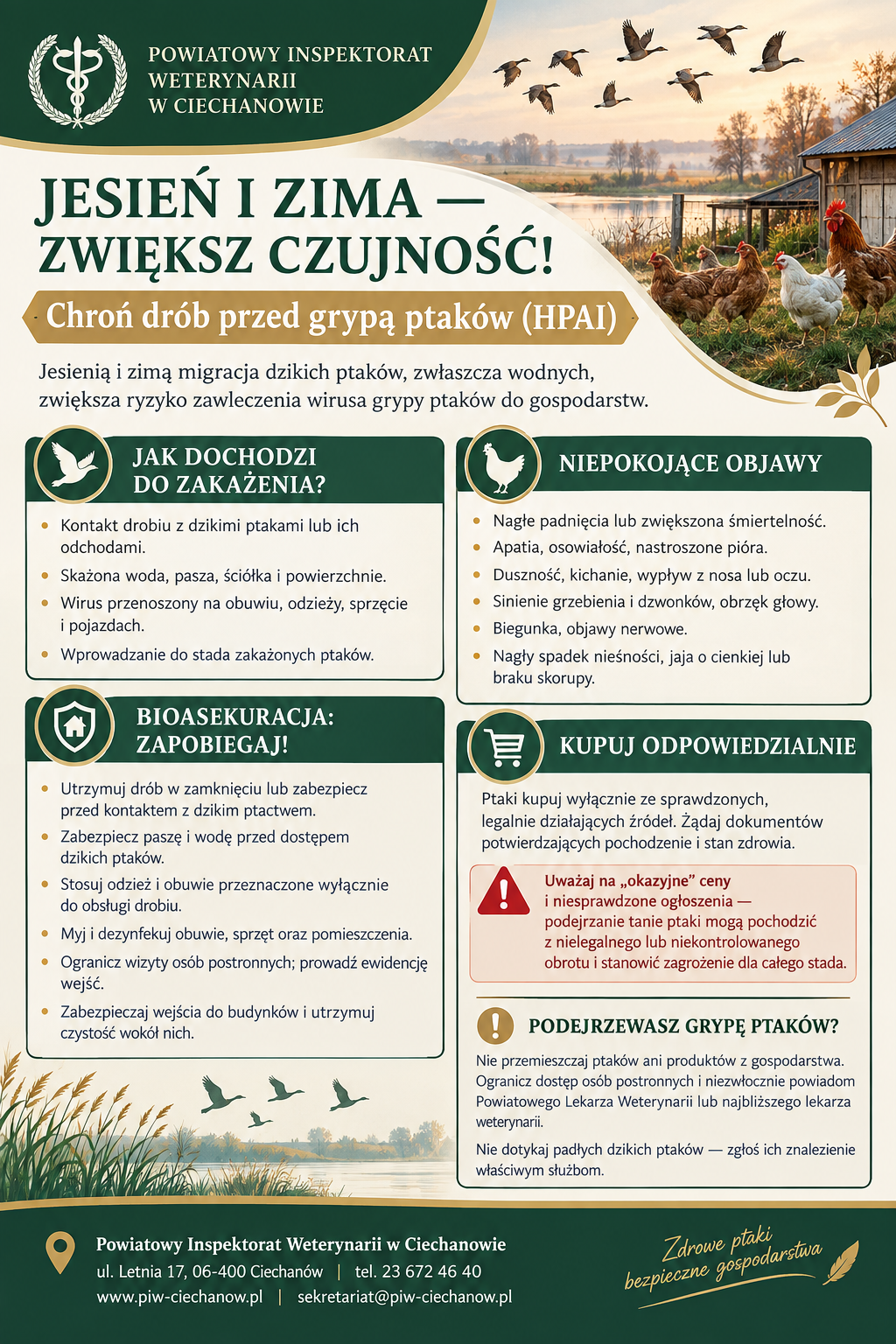 Infografika Powiatowego Inspektoratu Weterynarii w&nbsp;Ciechanowie pt. &bdquo;Jesień i&nbsp;zima &ndash; zwiększ czujność! Chroń dr&oacute;b przed grypą ptak&oacute;w (HPAI)&rdquo;. Przedstawia drogi zakażenia drobiu wirusem grypy ptak&oacute;w, niepokojące objawy choroby, zasady bioasekuracji oraz&nbsp;wskaz&oacute;wki dotyczące odpowiedzialnego zakupu ptak&oacute;w z&nbsp;legalnych źr&oacute;deł. Zawiera ostrzeżenie przed podejrzanie tanimi ofertami oraz&nbsp;zalecenia na&nbsp;wypadek podejrzenia choroby, m.in. ograniczenie przemieszczania ptak&oacute;w i&nbsp;niezwłoczne powiadomienie lekarza weterynarii. W tle widoczne są kury, kogut, migrujące dzikie ptaki i&nbsp;jesienno-zimowy krajobraz. Na dole podano dane kontaktowe Powiatowego Inspektoratu Weterynarii w&nbsp;Ciechanowie.
