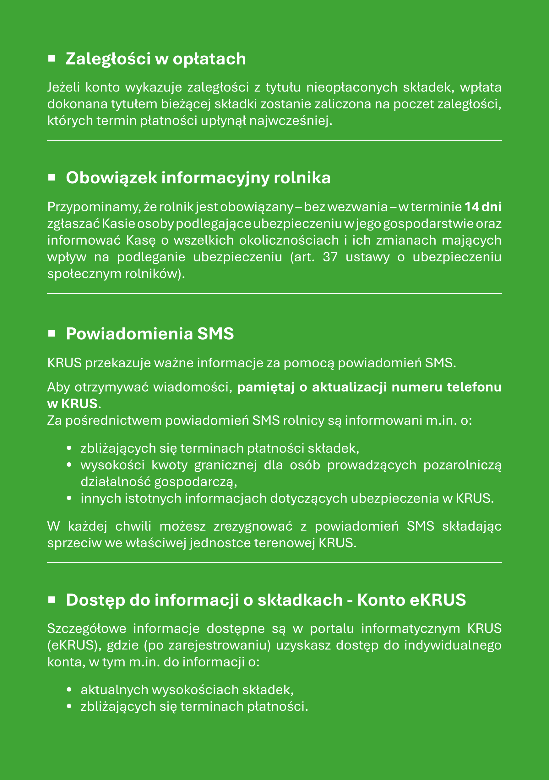 Dokument informacyjny KRUS dotyczący wysokości składek na&nbsp;ubezpieczenie zdrowotne rolnik&oacute;w. Zawiera dane płatnika, listę os&oacute;b objętych ubezpieczeniem oraz&nbsp;tabelę z&nbsp;prognozowanymi składkami na&nbsp;kolejne kwartały (2026&ndash;2027) wraz z&nbsp;terminami płatności. Podano numer rachunku bankowego do wpłat oraz&nbsp;instrukcję opisu przelewu i&nbsp;możliwość użycia kodu QR. W dalszej części znajdują się informacje o&nbsp;zasadach naliczania składek, nadpłatach, zaległościach, obowiązkach informacyjnych rolnika, powiadomieniach SMS oraz&nbsp;dostępie do konta eKRUS. Dokument zawiera r&oacute;wnież komunikat o&nbsp;zmianie druk&oacute;w przekaz&oacute;w składek.