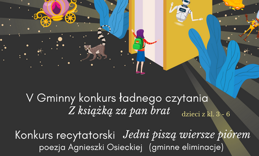 Plakat informacyjny Gminnej Biblioteki Publicznej w Opinogórze Górnej. Tło ciemne z promieniami światła i gwiazdkami. W centrum duża żółta książka, z której „wychodzą” bajkowe i fantastyczne elementy: rakieta, ryba, wieloryb, robot, korona, karoca, obcy, 