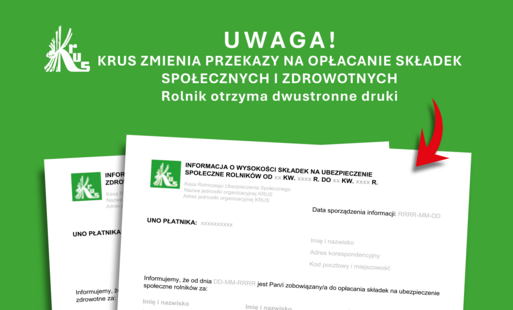 Informacja KRUS o wysokości składek zdrowotnych rolnika, z tabelą kwot i terminów płatności oraz dodatkowymi informacjami o zasadach rozliczeń i obowiązkach.