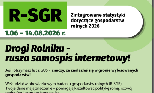 Plakat informacyjny GUS dotyczący badania „R-SGR – Zintegrowane statystyki dotyczące gospodarstw rolnych 2026”. Na zielonym tle widnieje informacja o terminie badania: od 1 czerwca do 14 sierpnia 2026 r. Duży nagłówek zachęca rolników do udziału w interne