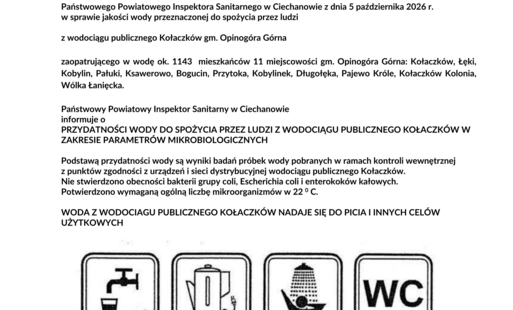 KOMUNIKAT Państwowego Powiatowego Inspektora Sanitarnego w Ciechanowie z dnia 5 października 2026 r. w sprawie jakości wody przeznaczonej do spożycia przez ludzi z wodociągu publicznego Kołaczków gm. Opinogóra Górna zaopatrującego w wodę ok. 1143 mieszkańców 11 miejscowości gm. Opinogóra Górna: Kołaczków, Łęki, Kobylin, Pałuki, Ksawerowo, Bogucin, Przytoka, Kobylinek, Długołęka, Pajewo Króle, Kołaczków Kolonia, Wólka Łanięcka. Państwowy Powiatowy Inspektor Sanitarny w Ciechanowie informuje o PRZYDATNOŚCI WODY DO SPOŻYCIA PRZEZ LUDZI Z WODOCIĄGU PUBLICZNEGO KOŁACZKÓW W ZAKRESIE PARAMETRÓW MIKROBIOLOGICZNYCH Podstawą przydatności wody są wyniki badań próbek wody pobranych w ramach kontroli wewnętrznej z punktów zgodności z urządzeń i sieci dystrybucyjnej wodociągu publicznego Kołaczków. Nie stwierdzono obecności bakterii grupy coli, Escherichia coli i enterokoków kałowych. Potwierdzono wymaganą ogólną liczbę mikroorganizmów w 22 0 C. WODA Z WODOCIAGU PUBLICZNEGO KOŁACZKÓW NADAJE SIĘ DO PICIA I INNYCH CELÓW UŻYTKOWYCH Powyższy komunikat obowiązuje do czasu wydania kolejnego komunikatu. Dariusz Drzewiecki