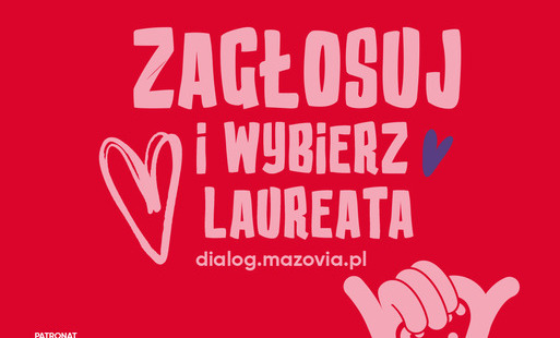 Grafika na czerwonym tle z napisem „Zagłosuj i wybierz laureata” oraz adresem dialog.mazovia.pl. Plakat promuje głosowanie w ramach Mazowieckich Barw Wolontariatu. Zawiera logotypy Mazowieckich Barw Wolontariatu i Mazowsza oraz symbol Międzynarodowego Roku Wolontariatu 2026. Widoczne są również różowe ilustracje dłoni i serc.