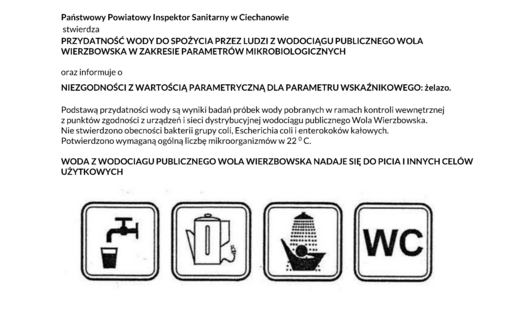 Zdjęcie do KOMUNIKAT Państwowego Powiatowego Inspektora Sanitarnego w Ciechanowie z dnia 21 października 2026 r. w sprawie jakości wody przeznaczonej do spożycia przez ludzi z wodociągu publicznego Wola Wierzbowska gm. Opinog&oacute;ra G&oacute;rna