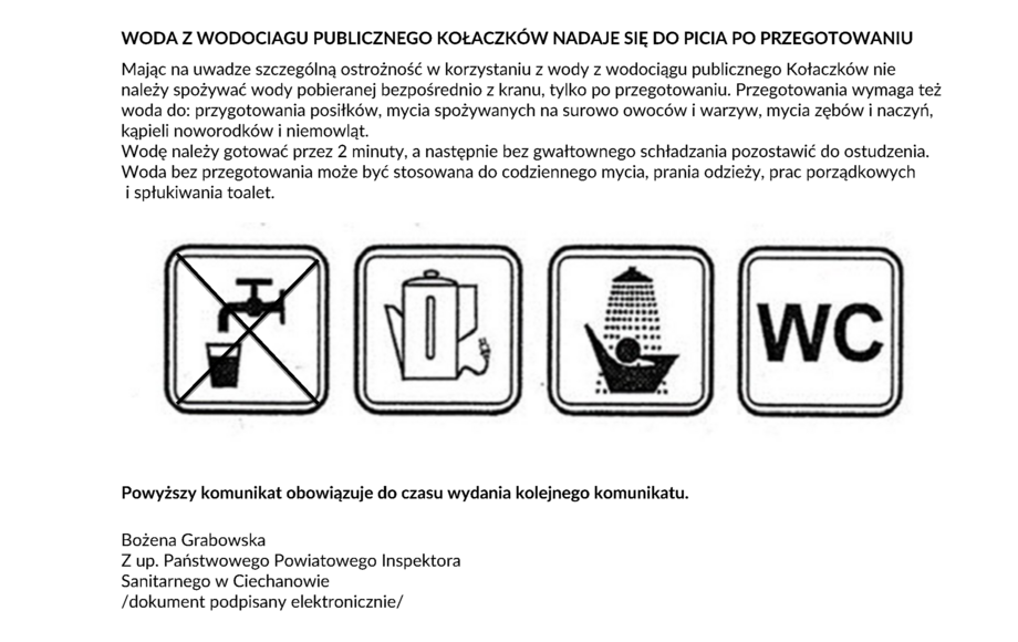 Sanepid w Ciechanowie o jakości wody z wodociągu publicznego Kołaczków – komunikat z 24 września 2026 r.